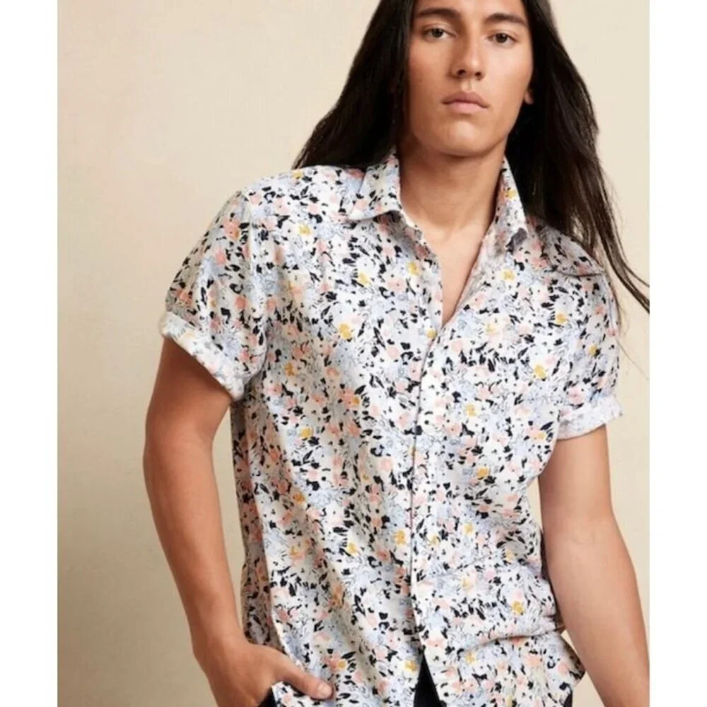 Banana Republic Mens Slim Floral Short Sleeve Button Up Shirt XL White SP EXC